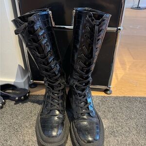 Zara Black Croc-Embossed Lace-Up Boots